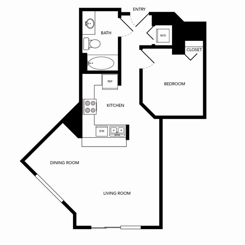 Floor plan for 1 bed, 1 bath, 685 sqft